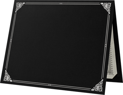 Black Linen 100lb 9 1/2 x 12 Certificate Holders with Silver Foil Floral Border