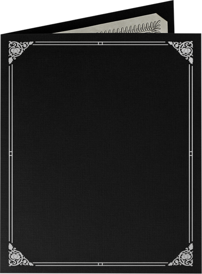 Black Linen 100lb 9 1/2 x 12 Certificate Holders with Silver Foil Floral Border