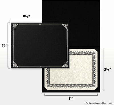 Black Linen 100lb 9 1/2 x 12 Certificate Holders with Silver Foil Floral Border