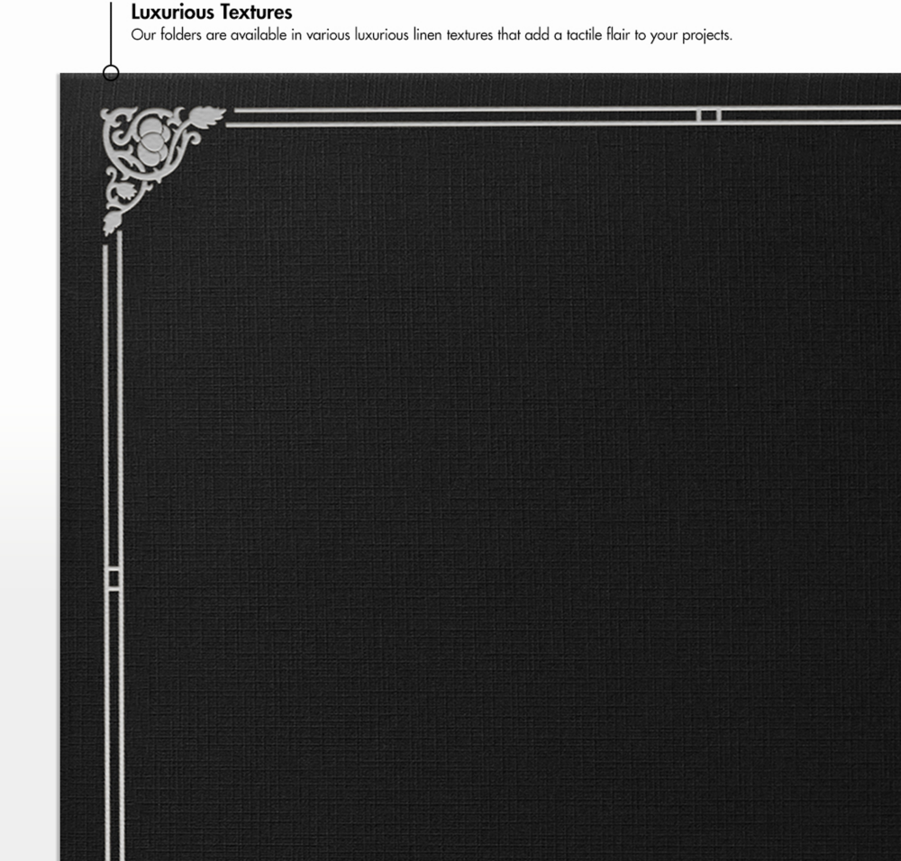 Black Linen 100lb 9 1/2 x 12 Certificate Holders with Silver Foil Floral Border