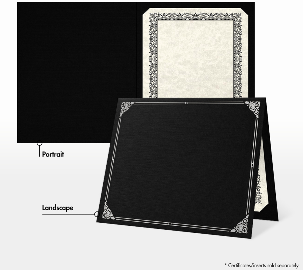 Black Linen 100lb 9 1/2 x 12 Certificate Holders with Silver Foil Floral Border