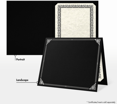 Black Linen 100lb 9 1/2 x 12 Certificate Holders with Silver Foil Floral Border