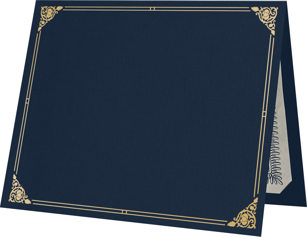 Nautical Blue Linen 100lb 9 1/2 x 12 Certificate Holders with Gold Foil Floral Border