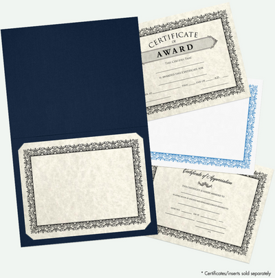 Nautical Blue Linen 100lb 9 1/2 x 12 Certificate Holders with Gold Foil Floral Border