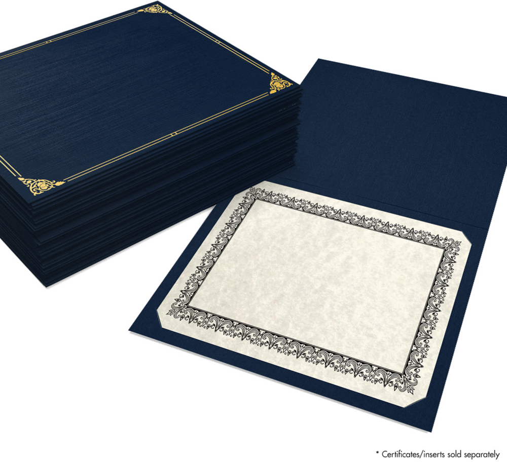 Nautical Blue Linen 100lb 9 1/2 x 12 Certificate Holders with Gold Foil Floral Border