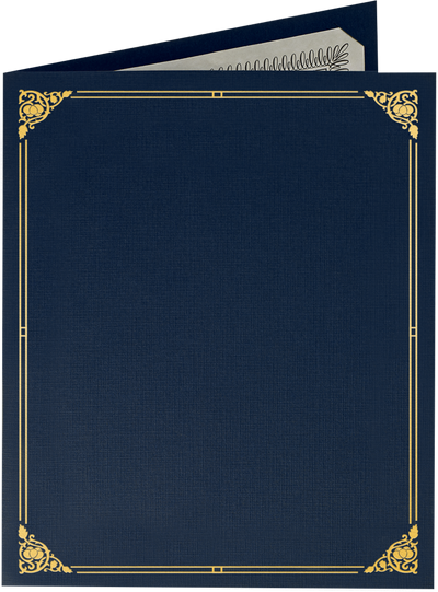 Nautical Blue Linen 100lb 9 1/2 x 12 Certificate Holders with Gold Foil Floral Border