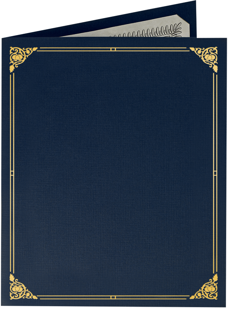 Nautical Blue Linen 100lb 9 1/2 x 12 Certificate Holders with Gold Foil Floral Border