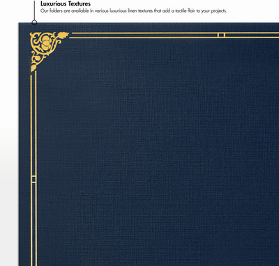 Nautical Blue Linen 100lb 9 1/2 x 12 Certificate Holders with Gold Foil Floral Border