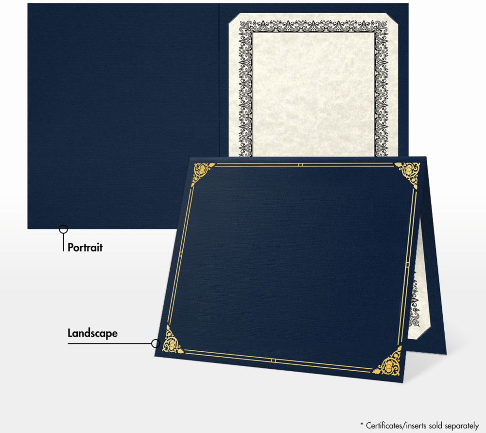 Nautical Blue Linen 100lb 9 1/2 x 12 Certificate Holders with Gold Foil Floral Border