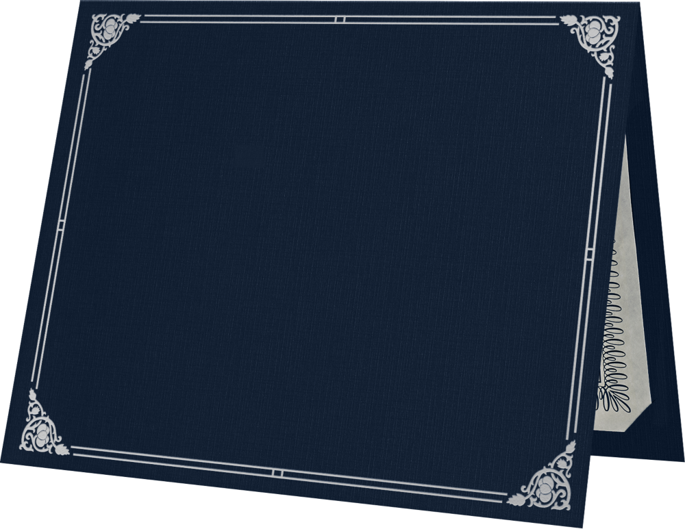 Nautical Blue Linen 100lb 9 1/2 x 12 Certificate Holders with Silver Foil Floral Border