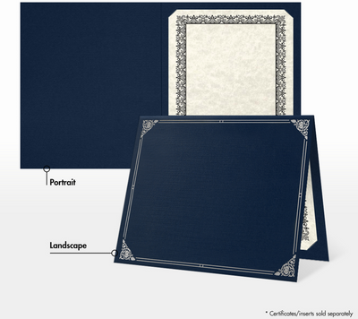 Nautical Blue Linen 100lb 9 1/2 x 12 Certificate Holders with Silver Foil Floral Border