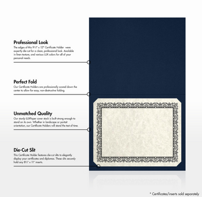 Nautical Navy Blue Linen with Silver Foil Floral Border 9 1/2 x 12 Certificate Holders