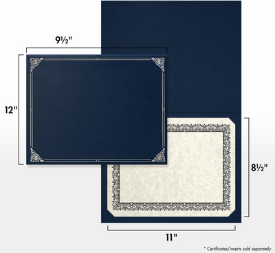 Nautical Navy Blue Linen with Silver Foil Floral Border 9 1/2 x 12 Certificate Holders