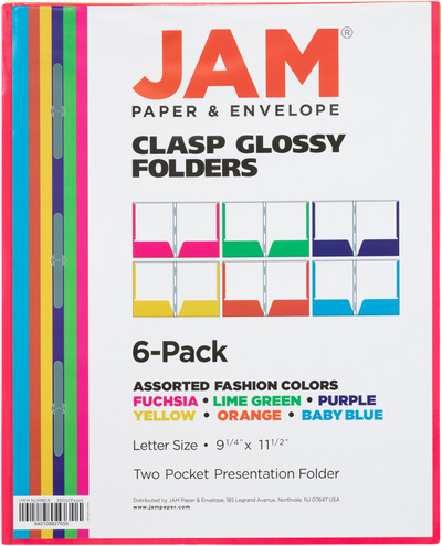 Assorted Fashion 9 x 12 Glossy with Clips Folders - 6 Pack