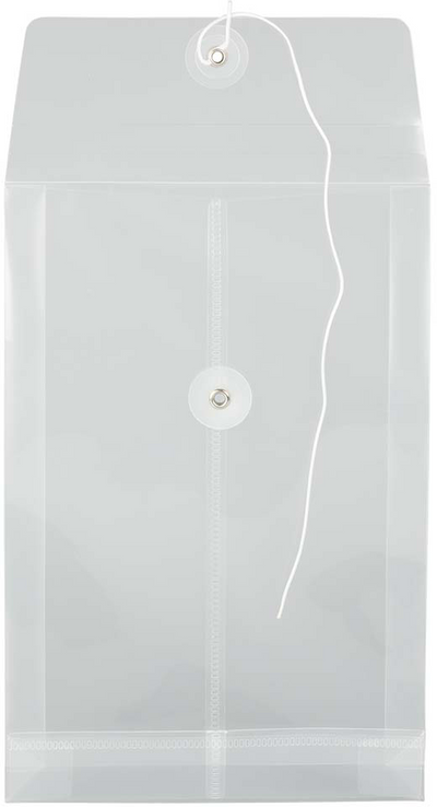 Clear 6 1/4 x 9 1/4 Open End Plastic Envelopes with Button & String