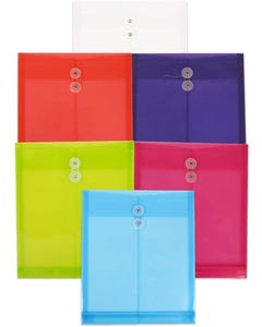 9 3/4 x 13 Open End Plastic Envelopes with Button & String - Assorted - Pack of 6